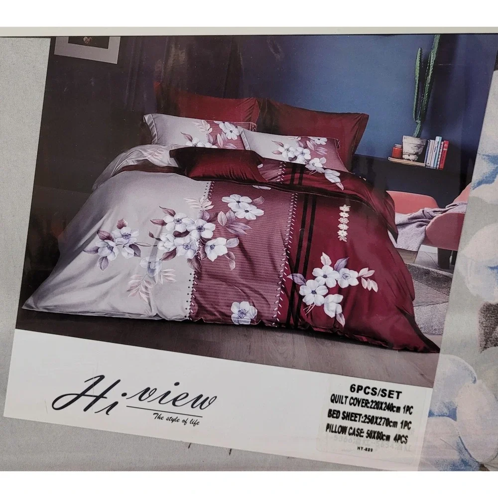 Italian Fashion Queen Size Duvet Cover Set 6 Pcs Design #HY-889 Red/Gray Floral